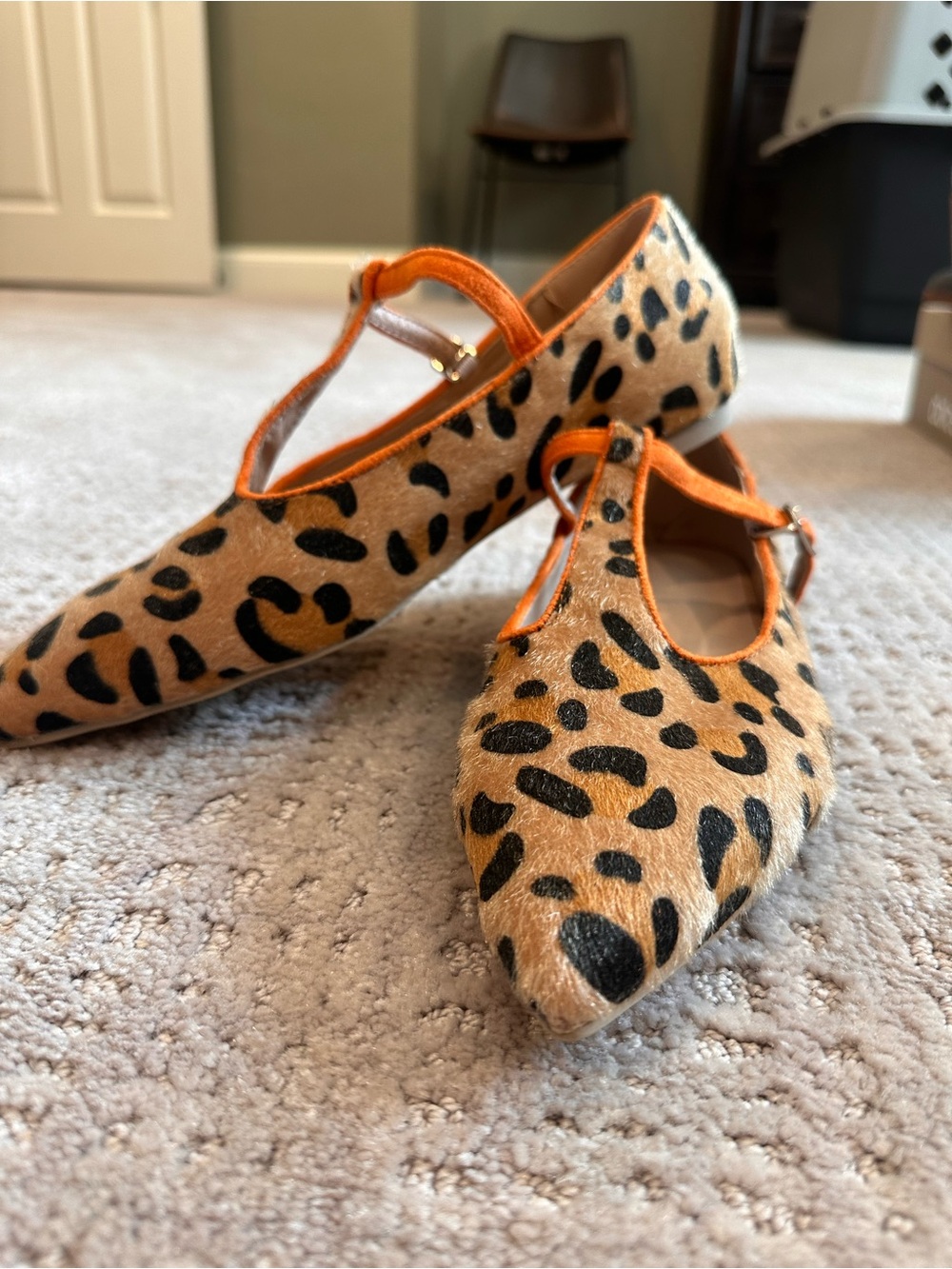 Leopard Print Mary Jane Flats with Orange Trim